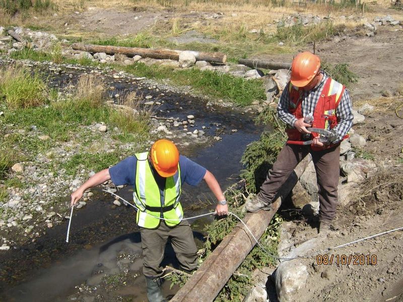2 people conducting live bank protection adjacent to a river