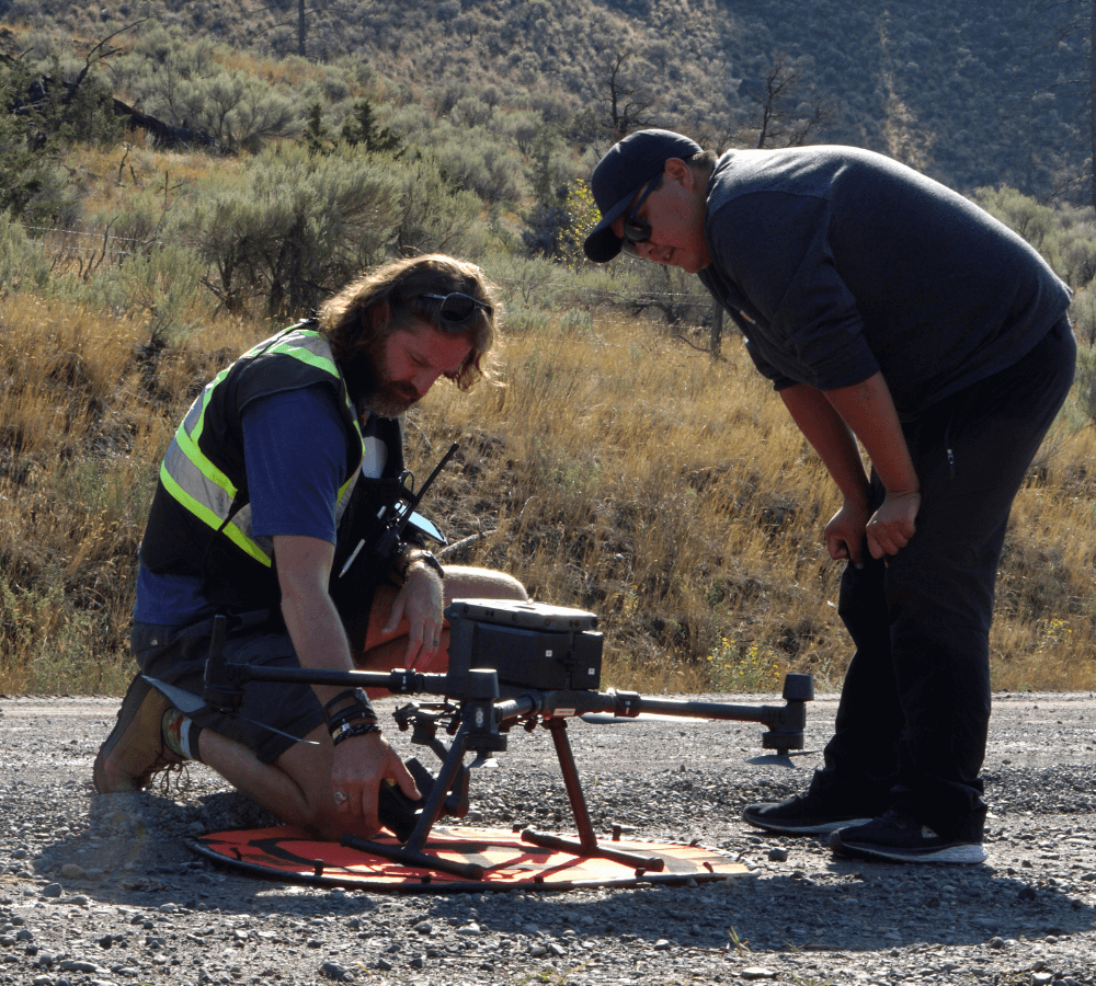 Dr. Eric Saczuk (BCIT) and Jeremy Sterling (Secwepemc Fisheries Commission) preparing for a drone survey. 