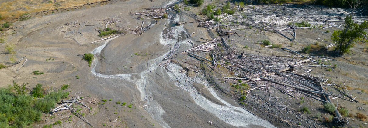 Drought conditions dried up a salmon-bearing river near Kamloops, B.C., leaving narrow channels and dried up habitat.