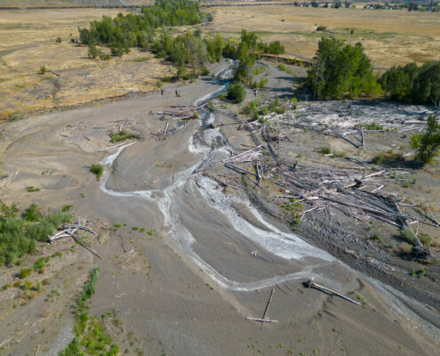 Drought conditions dried up a salmon-bearing river near Kamloops, B.C., leaving narrow channels and dried up habitat.